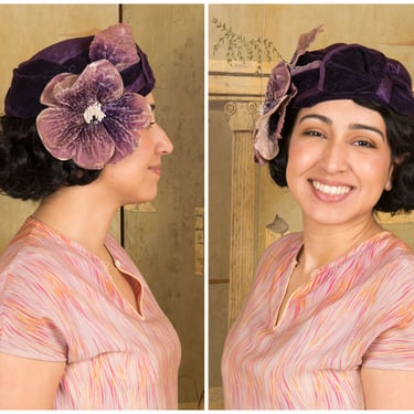 1920s Hat - Rare Vintage 20s Toque in Royal Purple Silk and Velveteen with Huge Velvet Millinery Flowers 