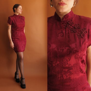 Vintage 90s Brocade Mini Dress with Mandarin Collar/Size Medium 