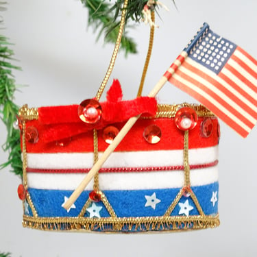 Vintage  Patriotic Candy Container with Flag Christmas Ornament, Retro Holiday Decor 
