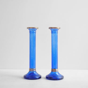 Vintage Pair of Blue Glass Candlesticks, Cobalt Blue Pressed Glass Candle Holders 