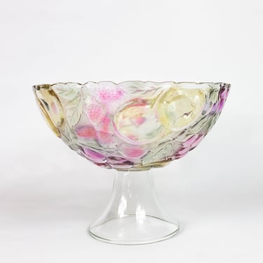 Vintage Fruit Glass Bowl, Indiana Glass Fruit Design, Pedestal Bowl, Antique Frosted Glassware 