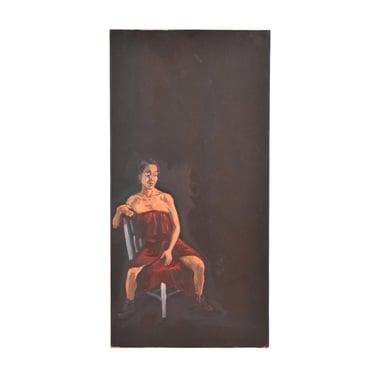 Portrait Oil Painting Seated Woman in Strapless Dress and Boots Lenell Chicago Artist 