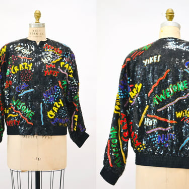 80s 90s Vintage Black Sequin Jacket with Words from 90s pop Culture// Vintage Black Sequin Jacket Awesome Party Fun Jacket Lillie Rubin 