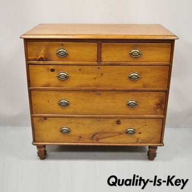 19th C. Antique Pine Wood 5 Drawer Primitive Colonial Chest Of Drawers Dresser