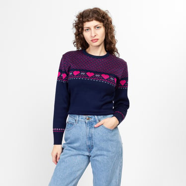 Medium 80s Meister Fair Isle Heart Ski Sweater | Vintage Navy Blue Pink Knit Winter Pullover Jumper 