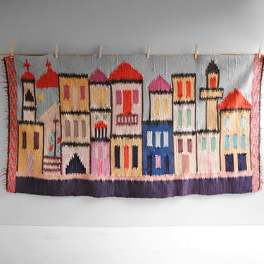 Vintage Handwoven Cotton Rag Rug with House Design 