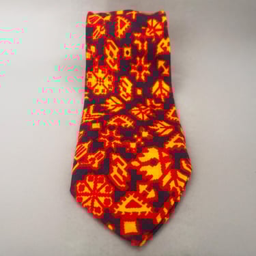 1960s Navy Heavyweight Cotton Twill Geometric Tie | 60s Vintage Blue, Yellow, and Red Necktie 