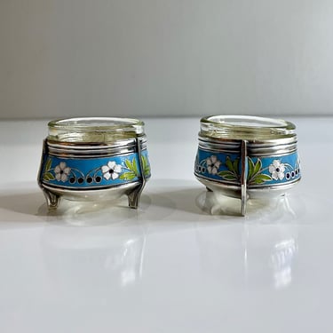 2 Vintage Enamel Cloisonne Melchior Salt Cellars, Open Salt, Caviar Dishes, Mustard Pots - Silver Plate w Glass Inserts, Floral, Blue White 