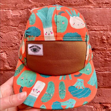 Handmade 5 Panel Camp Hat, Baseball Cap, Moldable Brim five panel hat, Snap Back, 5panel hat, Happy Veggies on Burnt Orange 