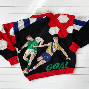 embroidered sweater | 80s vintage BEREK 1988 World Cup art to wear soccer football red black hand knit cotton sweater 