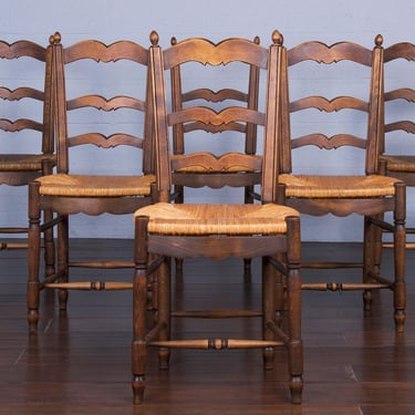 Antique Country French Provincial Ladder Back Maple Dining Chairs W/ Rush Seats - Set of 6 