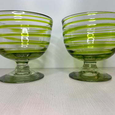 Pair of Clear Glass Green Striped Hand Blown Footed Glass Dessert Bowls | Blenko Art Glass 