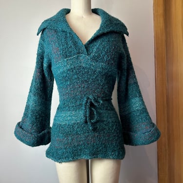 Vintage 60’s 70’s wool knit sweater~ snug fit shawl collar~ teal green~ nubby wooly plaid~ belted waist~ cuffed belled sleeves~ Size Small 