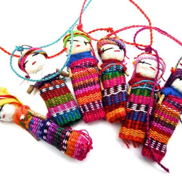 VINTAGE: 1980s - 5pc Native Guatemalan Worry Doll Ornaments - Feather Tree - Handmade Dolls - Buy More Save More - SKU OS-172 