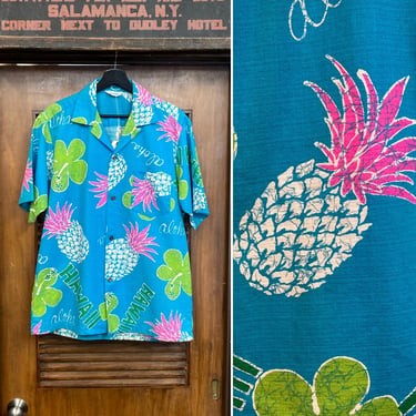 Vintage 1960’s Size L Pineapple Pop Art Neon Colors Tiki Barkcloth Cotton Hawaiian Shirt, 60’s Loop Collar, Vintage Clothing 