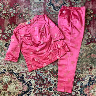 Vintage 1950’s ‘60s Dynasty for Lord &amp; Taylor silk brocade pant set | rose pink Chinese brocade, cocktail top and cigarette pants, XS 