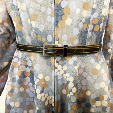Vintage Skinny Leather Belt Western Cowgirl Cowboy Rockabilly Country Southwestern Embossed Gold Metal Buckle Large 1970s 1980s 