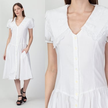 70s 80s Oops California White Cotton Drop Waist Dress - Medium | Vintage Edwardian Lace Trim Bib Collar Midi Dress 