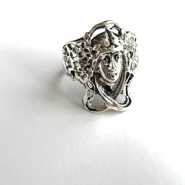 Reworked Vintage Art Nouveau Sterling Silver Flower Child Flower Woman Ring 