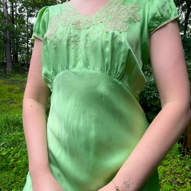Hand Dyed Green Silk Puff Sleeve Dress