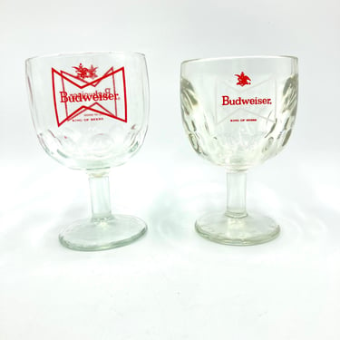 Budweiser Beer Glass Goblets, Vintage Anheuser Busch Thumbprint Glasses, Red White Bowtie, Advertising Goblets, Retro Bar, Barware 