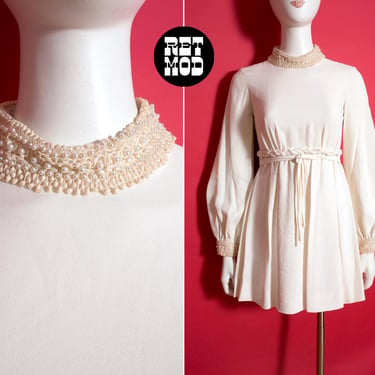 Beautiful Vintage 60s 70s Slightly Off-White Dolly Mini Dress with Pearl Beaded Trim 