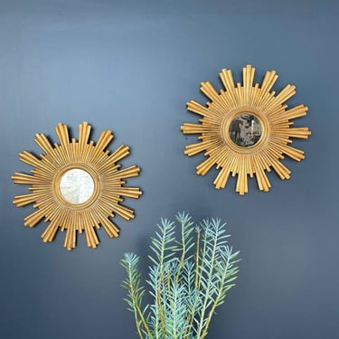 Pair of Italian-Style Gilt-Wood Sunburst Mirrors Modern Farmhouse 