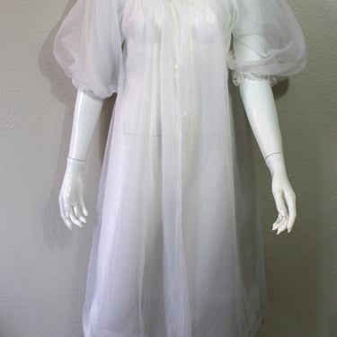 Vintage 60's LORRAINE White Poof Sleeve Lace Double Chiffon Robe Peignoir Lingerie Mid Century Housewife 