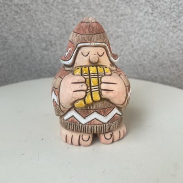 Vintage Launa Art Pottery Figurine 3D Inca man playing flat flute Signed made in Uruguay 