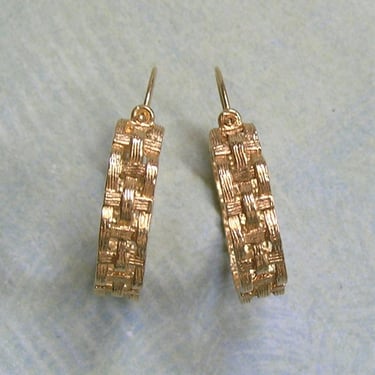 Vintage 14K Gold Basket Weave Hoop Earrings, Old 14K Gold Hoop Earrings, Vintage Gold Hoop Earrings (#4251) 