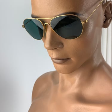 Vintage Aviator Sunglasses - Gold Metal Frame - Original Green Glass Lenses - Wrap Around Stems 