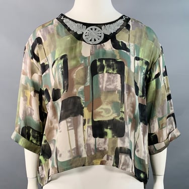 EMILIO PUCCI Size L Green Black Silk Graphic Sequined Cuffed Blouse