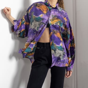SILK ABSTRACT COLLARED Shirt Long Sleeves Vintage Oxford Purple Pockets Light Oversize / Medium Large 