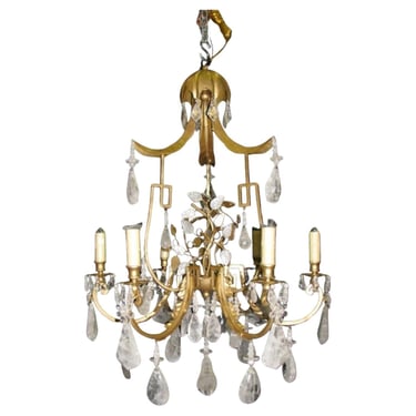 French Vintage Rock Crystal & Wrought Iron Chandelier with 23k Gold Leaf