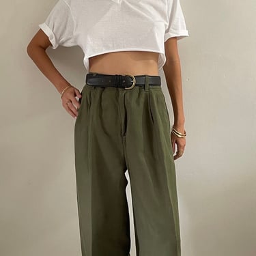 90s linen pleated wide leg pants / vintage olive army green linen high waisted pleated tall baggy boyfriend capsule trousers pants | Large 
