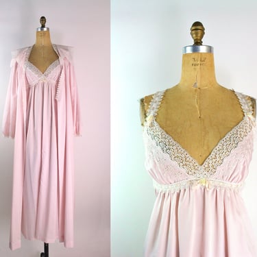 80s Christian Dior Pale Pink Peignoir Lingerie Set/ Lace Lingerie / Dior Lingerie/ Nightgowns / Pink / Robe & Dressing Gown/ Size S/M 