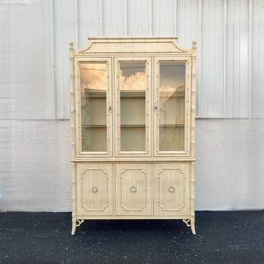 Vintage Faux Bamboo China Cabinet by Dixie - Illuminated Chinoiserie Glass Display Case Hollywood Regency Lighted Furniture 