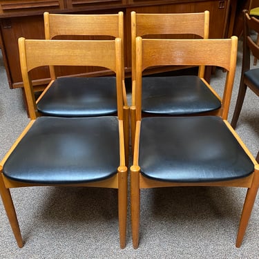 Item #AE156 Set of Four Mid Century Modern Teak Dining Chairs w/ Black Vinyl Seats c.1960