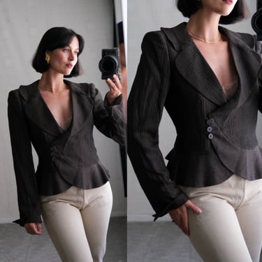 GIORGIO ARMANI Brown Copper & Black Check Ramie Sharkskin Scalloped Peplum Blazer | Made in Italy | Y2K 2000s ARMANI Designer Womens Jacket 