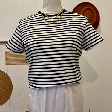 Vintage Evan Picone White & Black Cotton Striped Short Sleeve Stretch Tee - L 