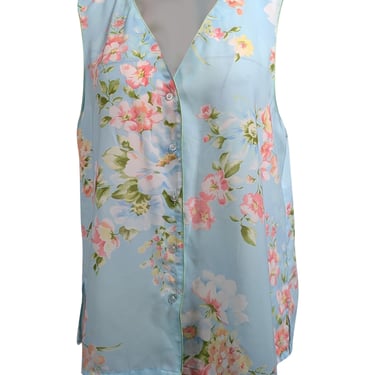 Oscar de la Renta - Light Blue w/ Pink Floral Print Sleeveless Blouse Sz XL