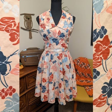 Vintage 1970s Peach, Blue, & Rust Iris Floral Print Big Collar Sleeveless Circle Skirt Dress by Great Shape 