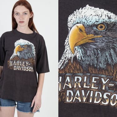 3d Emblem T Shirt / Harley Davidson Motorcycle Tee / Vintage 80s Biker Eagle Head Graphic/ Soft Black 50 50 Single Stitch Tee 
