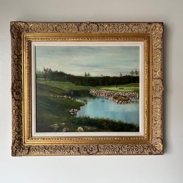 Vintage  D' Angelo Impressionist Golf Course Landscape Oil Painting, Framed 