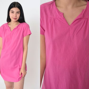 Bright Pink Tshirt Dress Vintage 90s Plain Micro Mini T Shirt Dress Slit Neckline Short Sleeve Normcore 1990s Simple Solid Pink Small S 