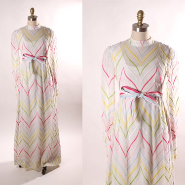 1960s White and Rainbow Striped Embroidered Long Sleeve Full Length Formal Cocktail Dress -XS 