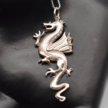 80's sterling winged dragon pendant, edgy 925 silver coatl box chain rocker necklace 