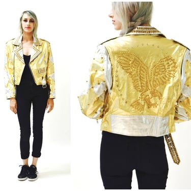 Vintage Gold Leather Jacket Gold Silver Studded Rhinestone Biker Motorcycle Jacket Metallic Medium with a Eagle Bird By Xpose 