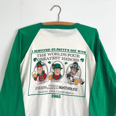 Vintage 80s St Patricks Day 1985 Raglan Baseball T Budman Jack Daniels, John Wayne Santa Anna CA Soft Thin Size XL 