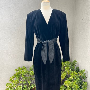 Vintage black suede dress leather tie Sz 8 by CC Courtenay 